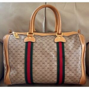 Certified Authentic Vintage Gucci Boston Web Micro GG Canvas Tan Leather Bag